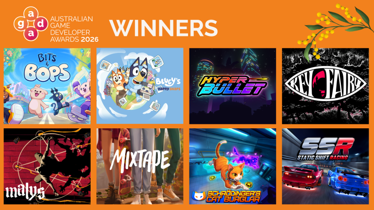 An orange Australian Game Developer Awards 2026 Winners graphic with tiles for Bits and Bops, Bluey's Happy Snaps, Hyper Bullet, Key Fairy, Malys, Mixtape, Schrodinger's Cat Burglar and Static Shift Racing