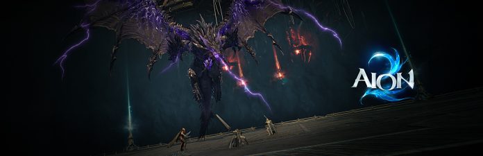 A wide AION 2 banner showing a huge winged dragon crackling with purple lightning above three small adventurers on a stone platform, with the AION 2 logo on the right.