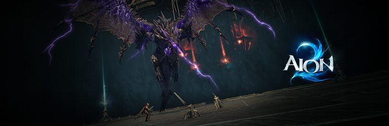 A wide AION 2 banner showing a huge winged dragon crackling with purple lightning above three small adventurers on a stone platform, with the AION 2 logo on the right.