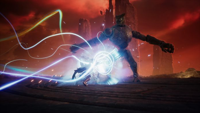 AION 2 armoured giant and lightning. Image: NCSOFT AION 2: a huge armoured figure stands in a red, rocky landscape as streaks of blue lightning arc around a fighter