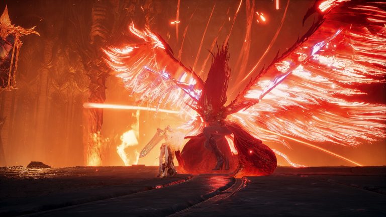 A sword-wielding Daeva faces a boss with huge burning red wings in a fiery cavern