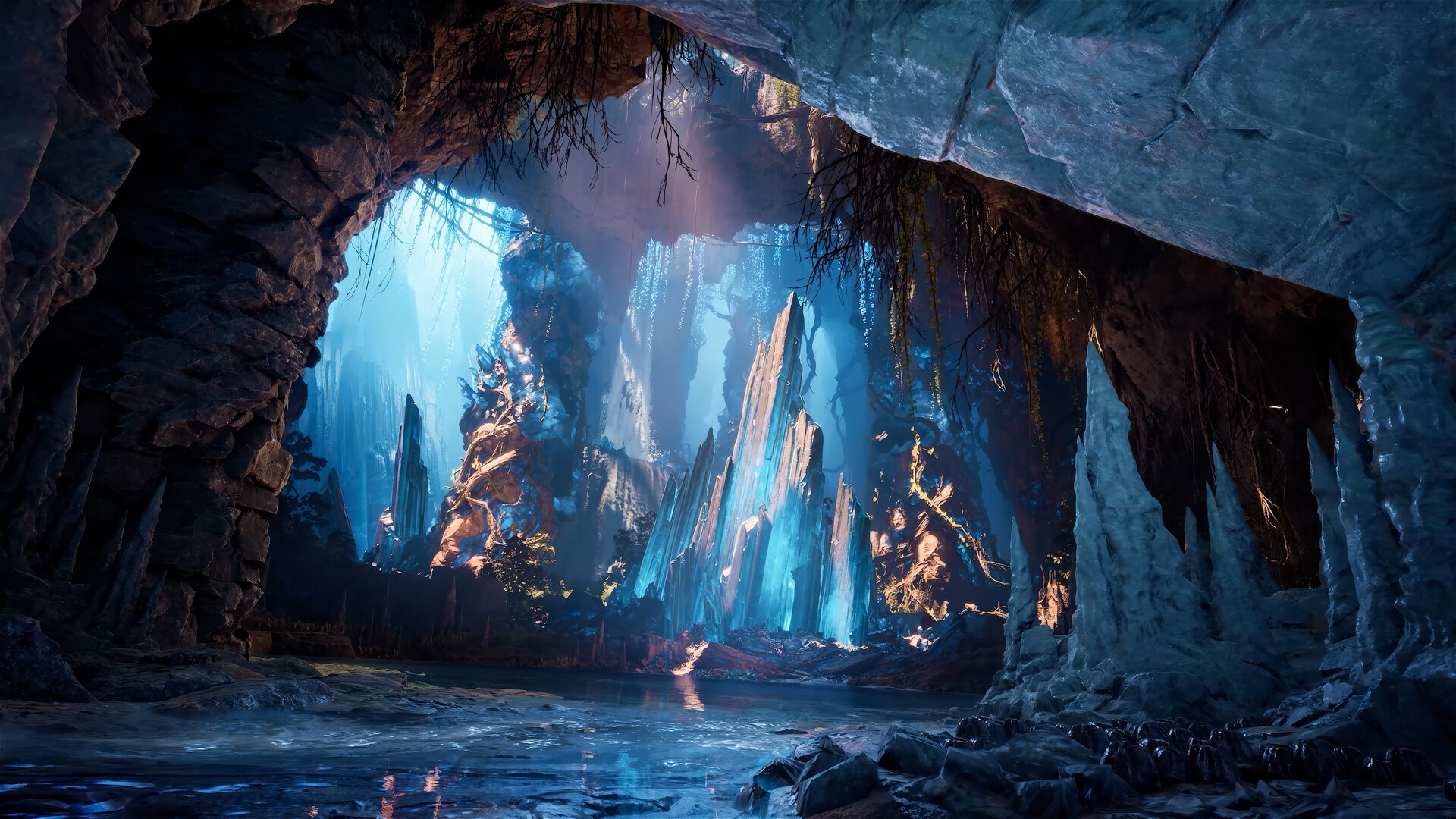A cavern in AION 2 with glowing blue crystal spires rising from shallow water and light falling through an opening in the rock.