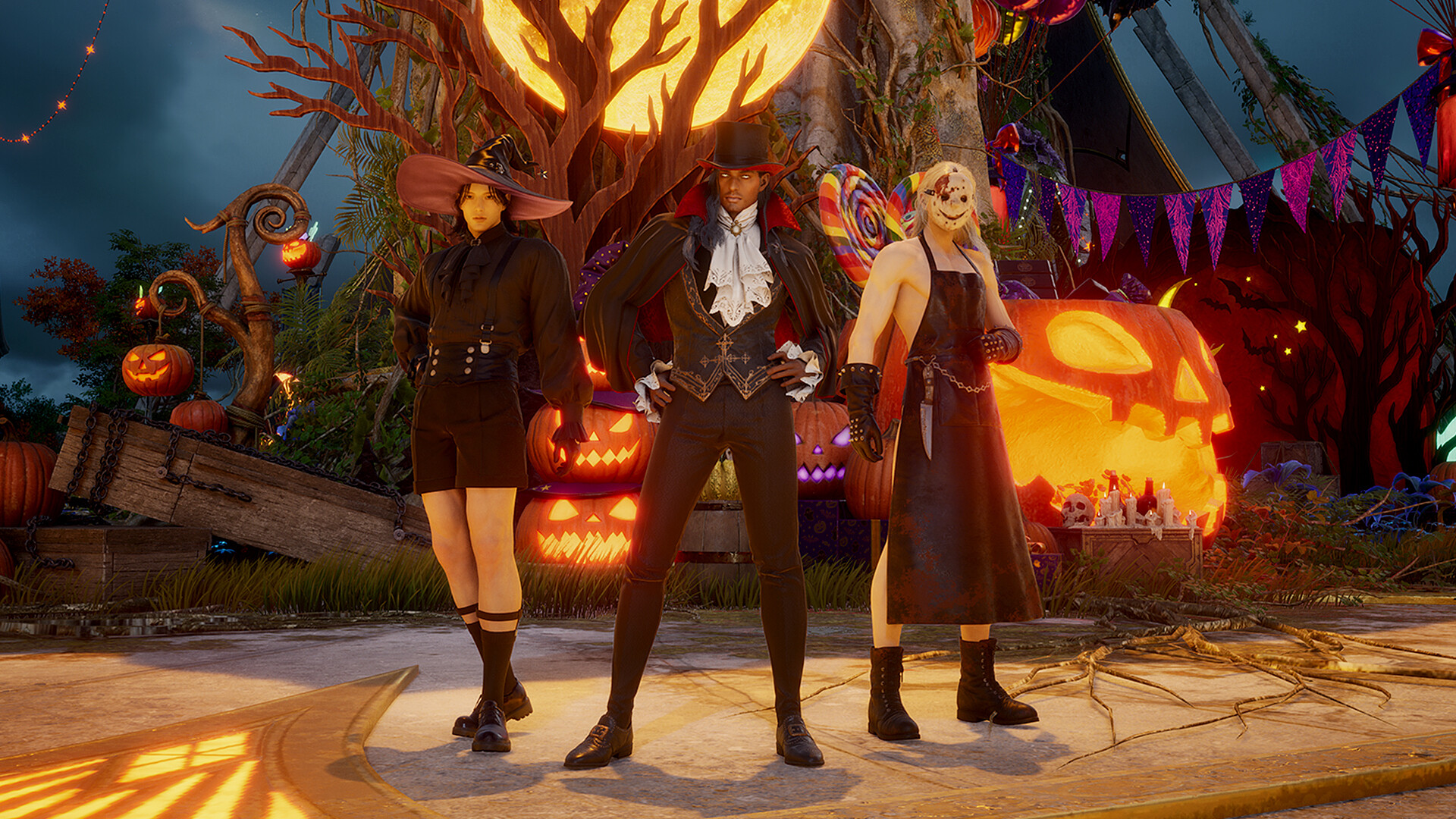Four AION 2 characters in formal dark outfits stand on a lit stage among carved pumpkins.
