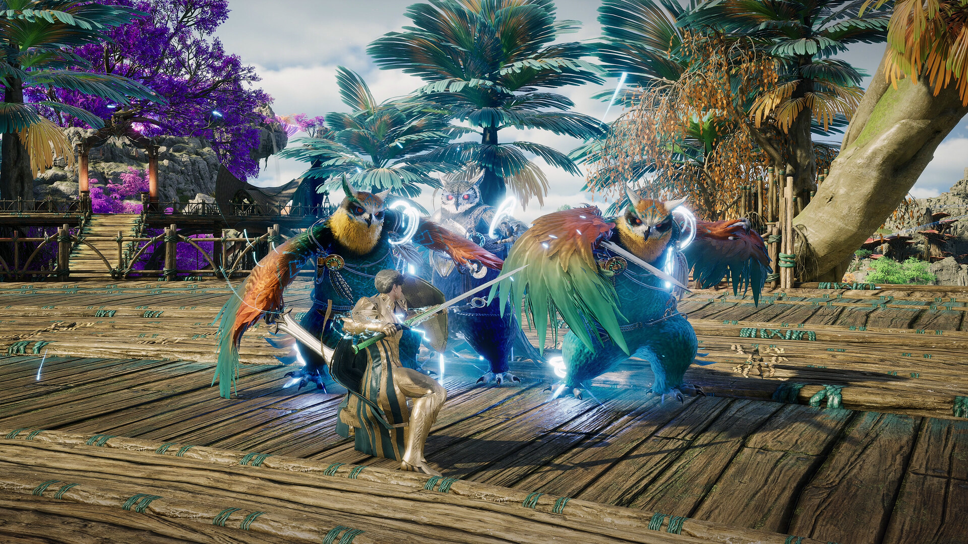 A player character fights three large feathered owl-like creatures on a wooden deck among palm trees