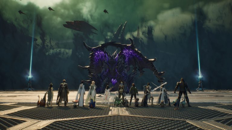 A line of AION 2 characters stands on a metal platform facing a giant dark purple creature under a green sky
