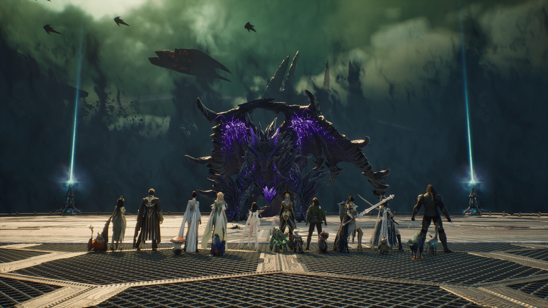 A line of AION 2 characters stands on a metal platform facing a giant dark purple creature under a green sky