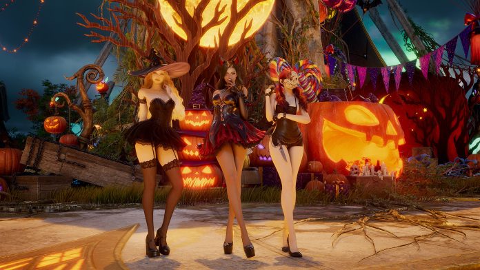 Three AION 2 characters in dark costumes stand in front of glowing carved pumpkins and a large moon-lit tree.