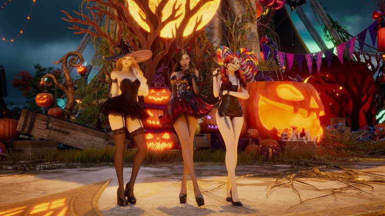 Three AION 2 characters in dark costumes stand in front of glowing carved pumpkins and a large moon-lit tree.