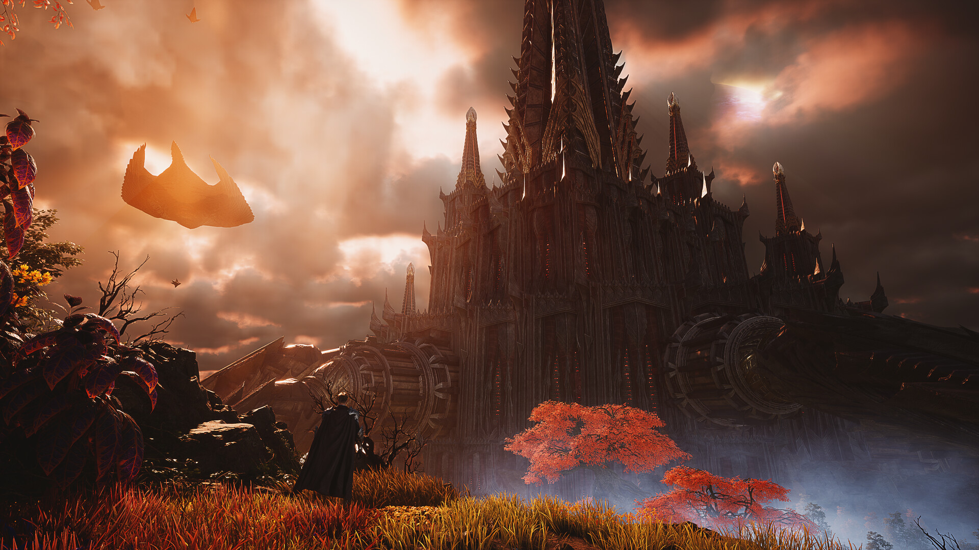 AION 2. A cloaked figure looks up at a vast spired fortress beneath an orange sky.
