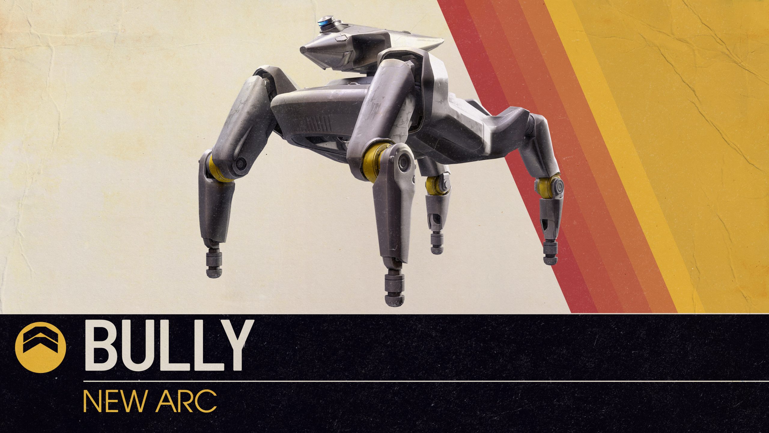 A four-legged grey ARC machine on a striped background, labelled Bully, New ARC