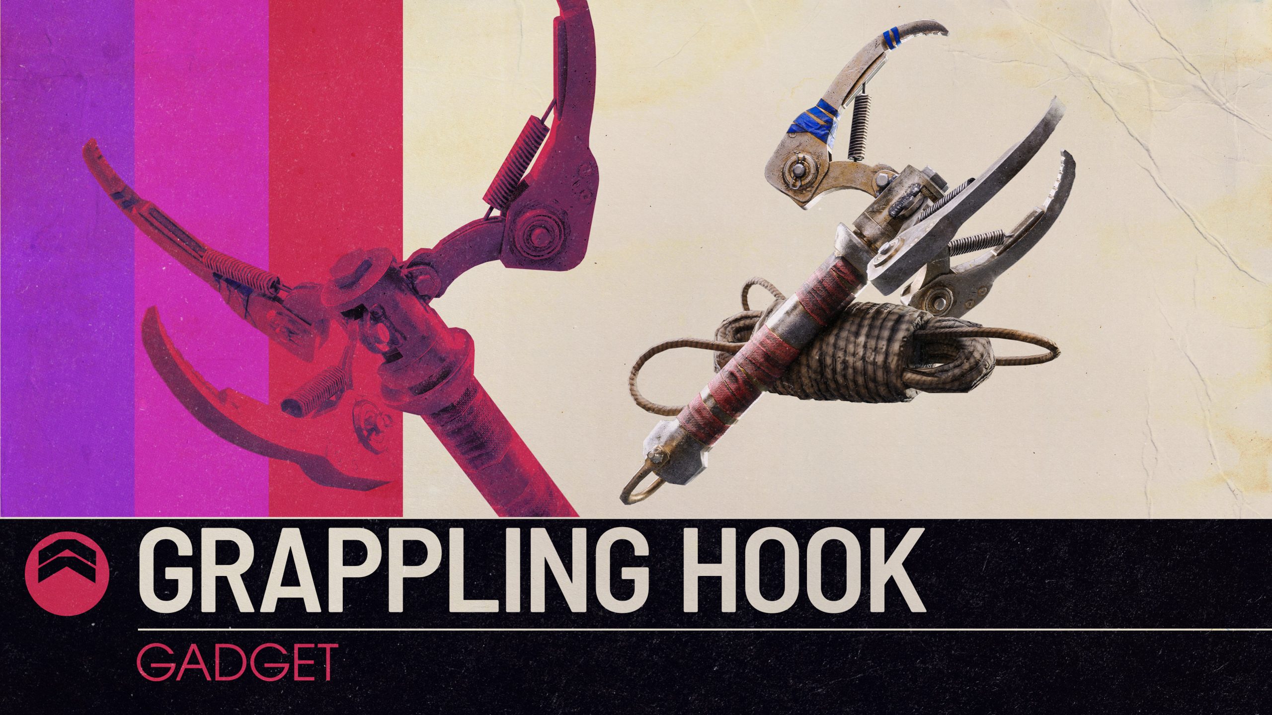 A clawed grappling hook with coiled rope on a striped background, labelled Grappling Hook, Gadget