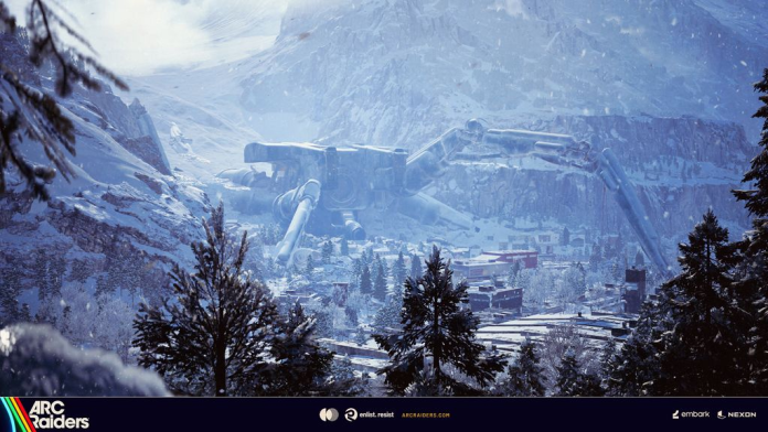 A snowy alpine valley with a village and a giant fallen machine lying across the mountainside