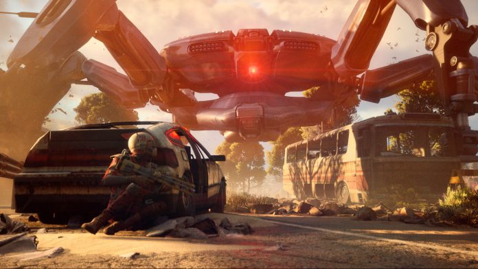 A Raider crouches behind a wrecked car as a huge red-eyed ARC machine looms over a dusty road