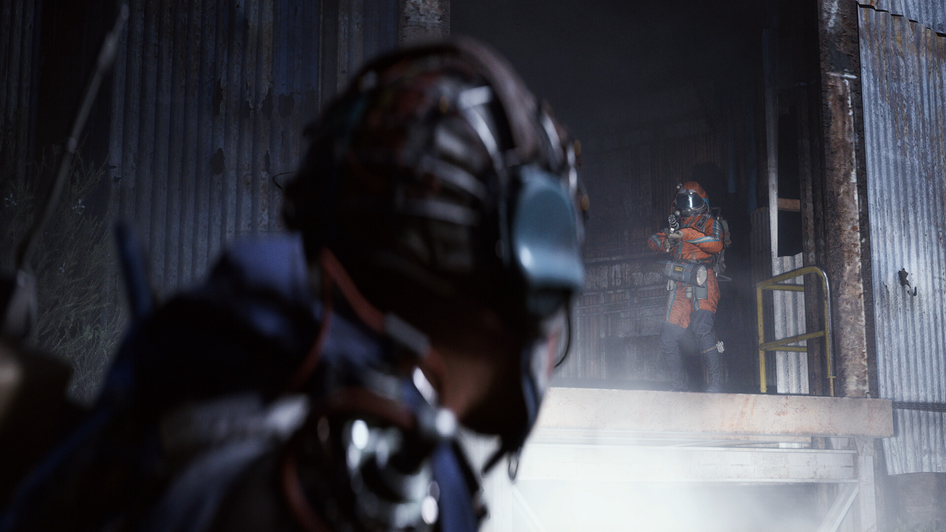 ARC Raiders: a headphoned raider in the foreground, with an orange-suited figure aiming a pistol from a loading dock in the mist.