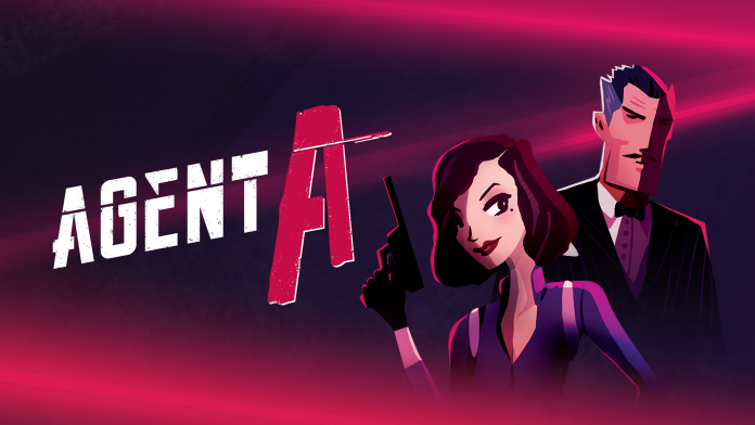 Key art for Agent A: A Puzzle in Disguise, showing a woman in a purple bodysuit holding a pistol and a man in a black suit and bow tie behind her, beside the game's logo on a dark pink background