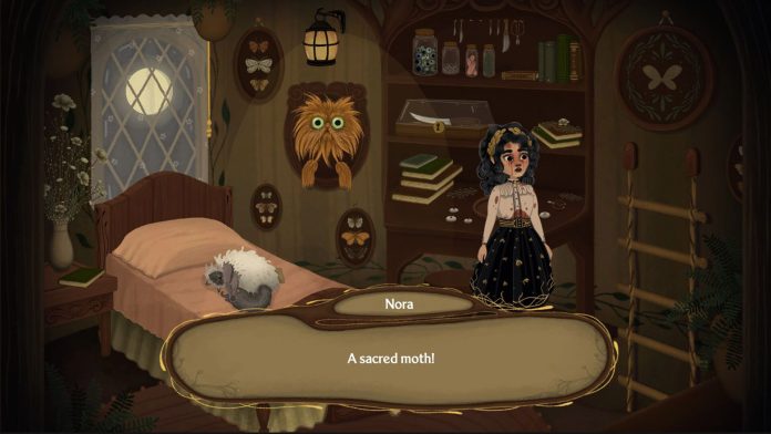 Allogloom, Nora in a moth-themed bedroom Allogloom: Nora stands in a bedroom hung with pinned moths and an owl-like mount, a sleeping creature on the bed, and says "A sacred moth!"