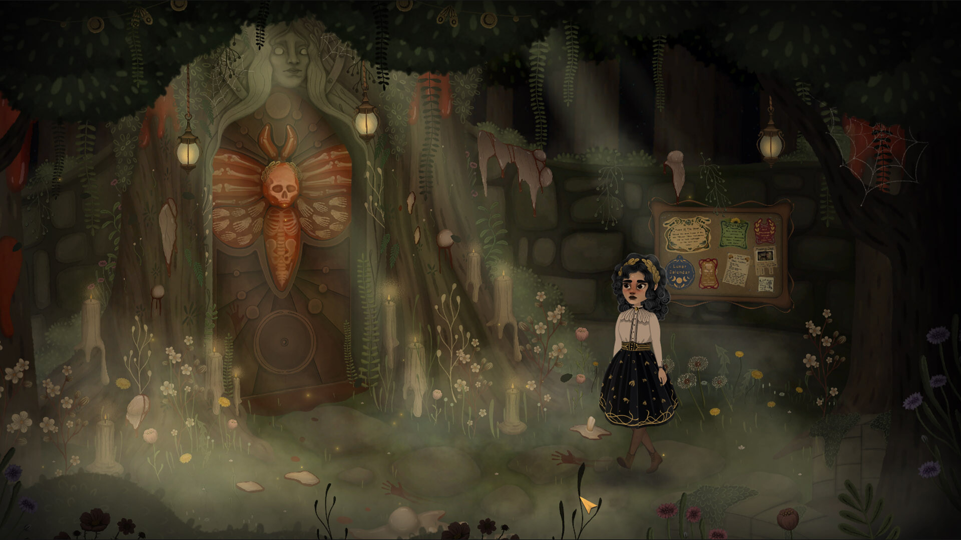 Allogloom: Nora walks through a misty glade of candles and flowers toward a tree carved with a skeletal moth, beside a noticeboard