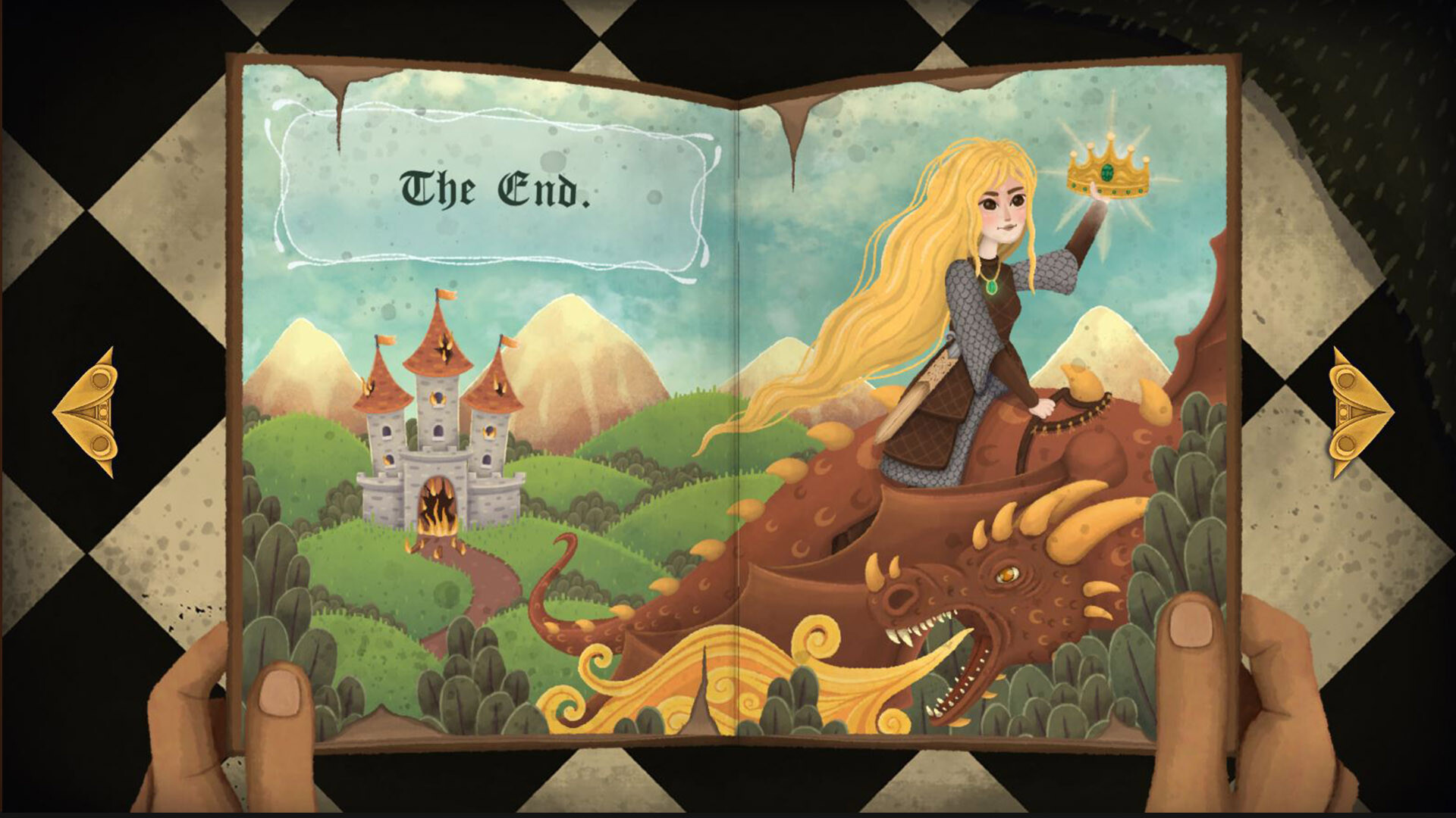 Allogloom: a held storybook open to a page that reads "The End." beside a painted scene of a blonde rider on a red dragon and a castle with fire in its doorway