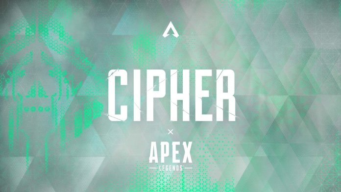 The Apex Legends Cipher title card in white over a green geometric background