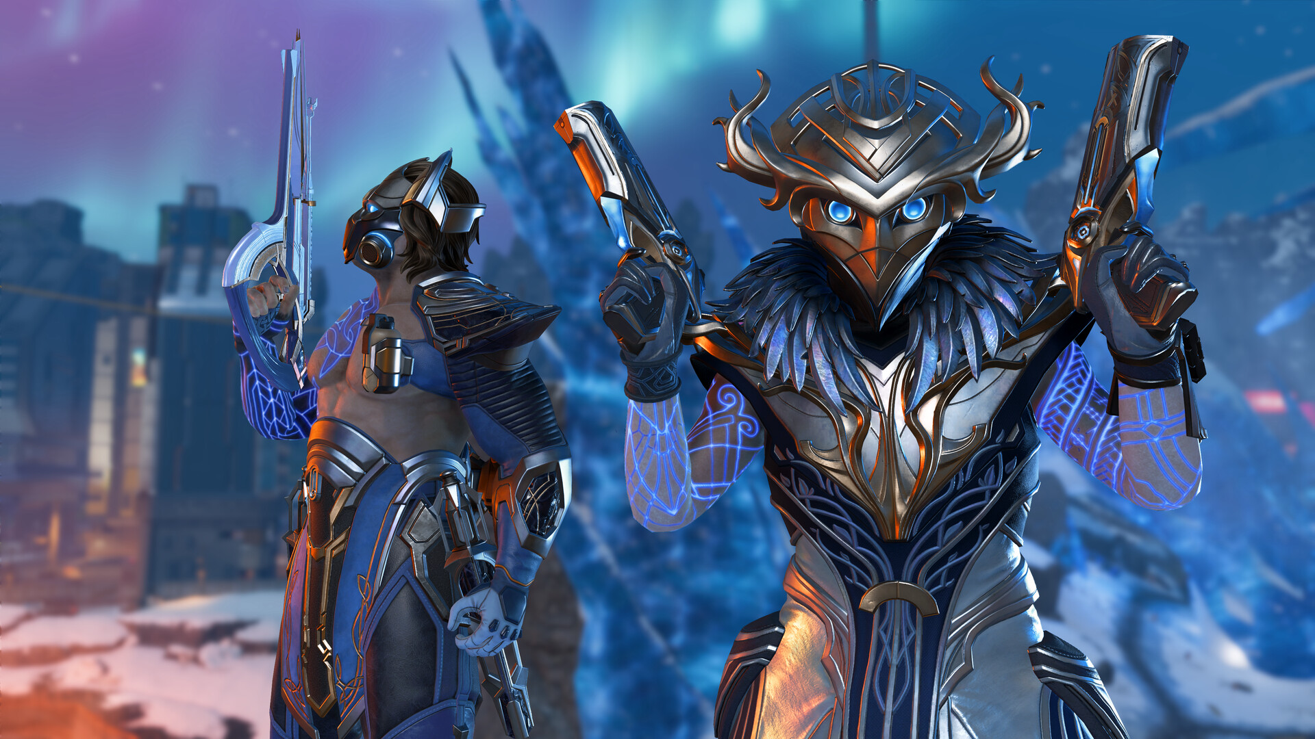 Two Legends in ornate armour, one in a bird-like helmet holding two pistols, pose beneath a green aurora