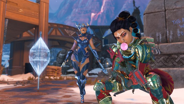 Two Legends in silver and blue armour hold pistols up, one in a feathered owl-style mask, under an aurora sky