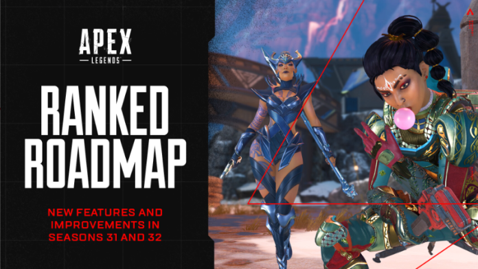 Apex Legends graphic reading Ranked Roadmap, New Features and Improvements in Seasons 31 and 32, beside two legends.
