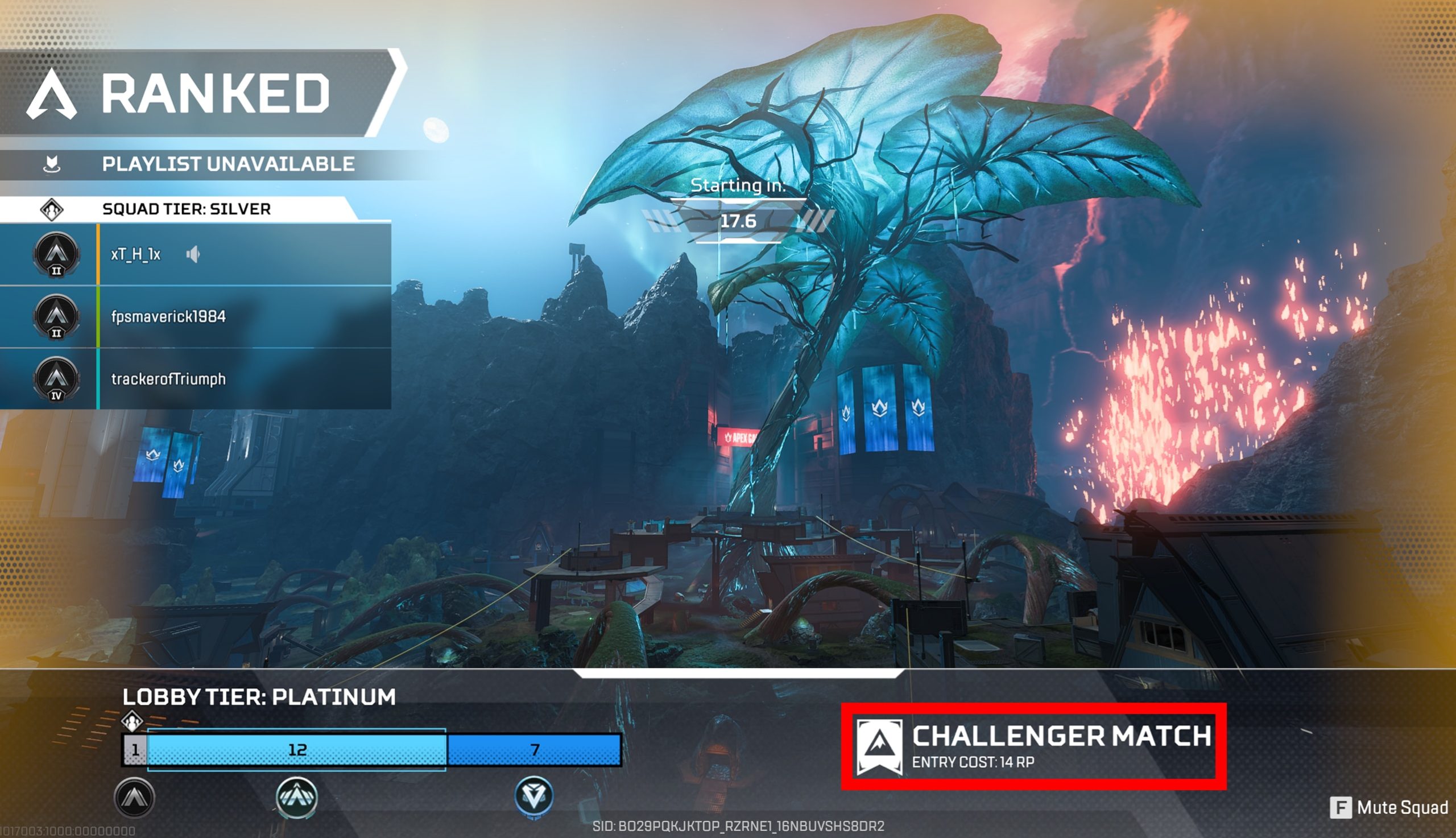 Apex Legends: the Ranked pre-match screen showing Lobby Tier: Platinum, a Silver squad, and a Challenger Match label with an entry cost of 14 RP.