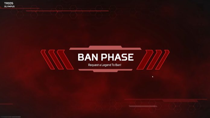 Apex Legends: the red Ban Phase screen reading "Request a Legend To Ban!", shown in a Trios match on Olympus.