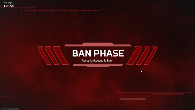 Apex Legends: the red Ban Phase screen reading "Request a Legend To Ban!", shown in a Trios match on Olympus.