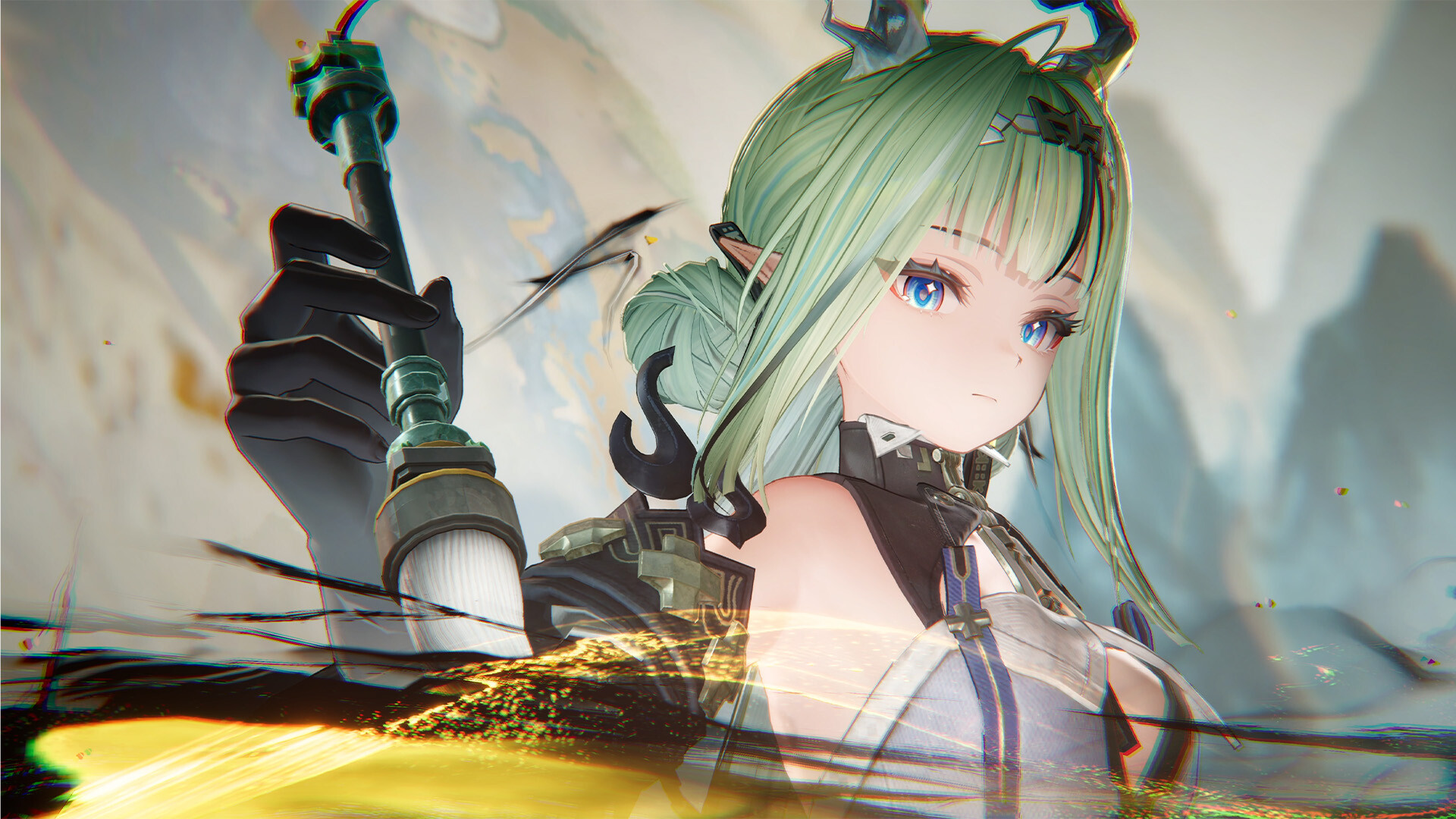Close-up of a green-haired character with small horns and blue eyes beside a tall tower, in Arknights: Endfield.