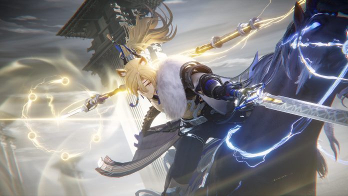 A blond character in fur-trimmed armour swinging a glowing sword wrapped in blue lightning, in Arknights: Endfield.