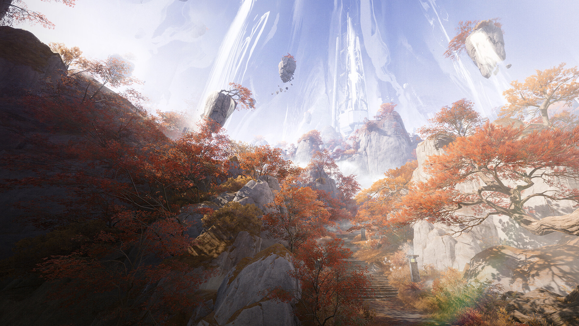 An autumn-coloured cliffside landscape with floating structures and beams of light in the sky, in Arknights: Endfield.