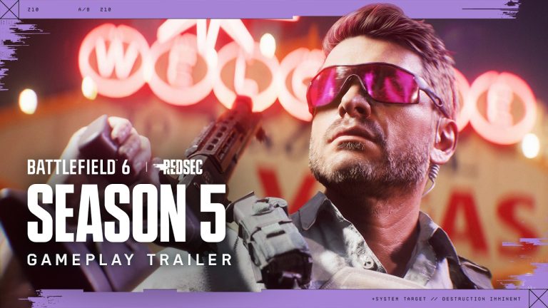 A soldier in pink sunglasses holds a rifle in front of a neon Las Vegas welcome sign, beside the words Battlefield 6 Season 5 Gameplay Trailer