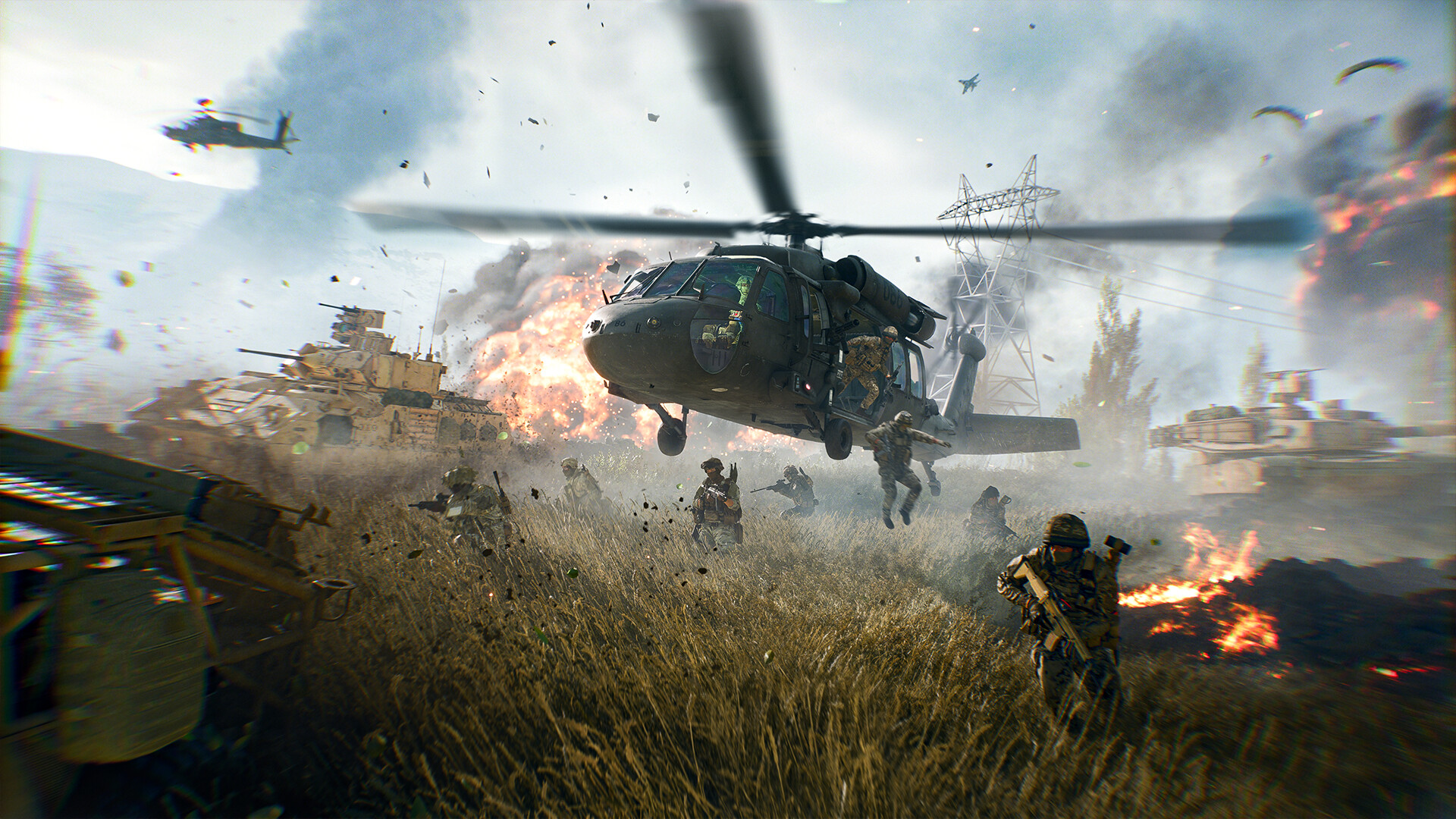 Battlefield 6: a helicopter lands in a burning field as tanks and soldiers advance.