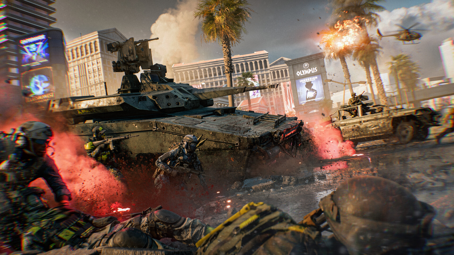 Soldiers shelter beside a tank on a ruined city street lined with palm trees and casino buildings, with smoke and a helicopter in the distance.
