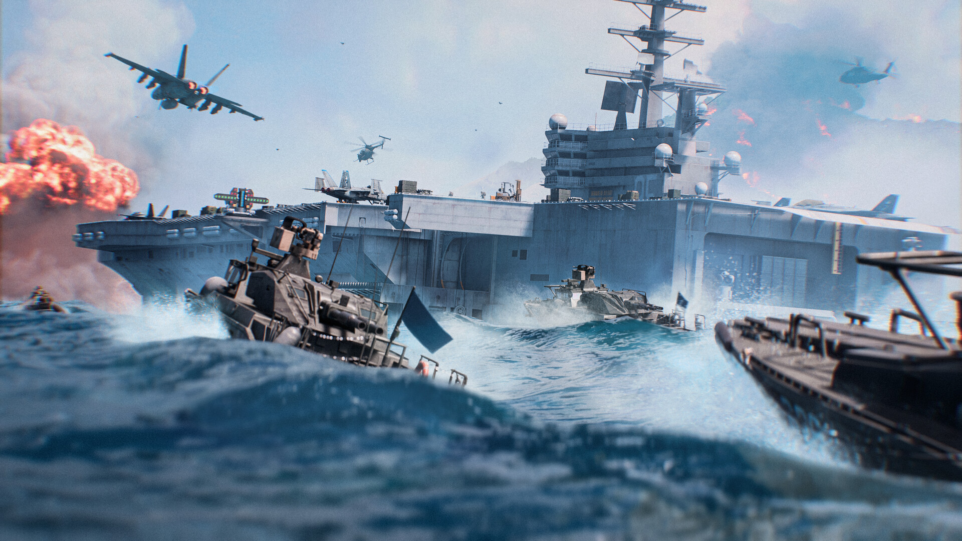 Boats race past an aircraft carrier under fire while a fighter jet flies overhead in Battlefield 6