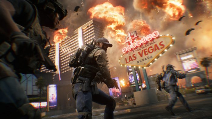 Battlefield 6 - the Las Vegas sign under fire. Image EA Battlefield 6: soldiers run past the Welcome to Las Vegas sign as explosions go off behind them. Image: EA