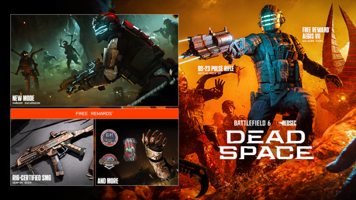 Battlefield 6 x Dead Space event art showing an engineering-suit soldier holding a pulse rifle, a new mode panel and a free reward SMG skin