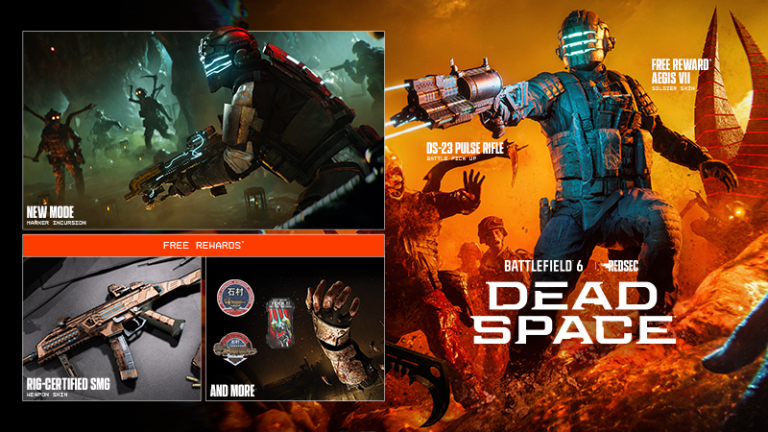 Battlefield 6 x Dead Space event art showing an engineering-suit soldier holding a pulse rifle, a new mode panel and a free reward SMG skin