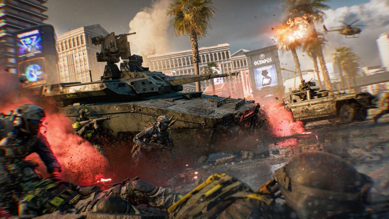 Battlefield 6. A tank and soldiers take cover on a Las Vegas street amid red smoke, with a helicopter overhead. Image: Electronic Arts