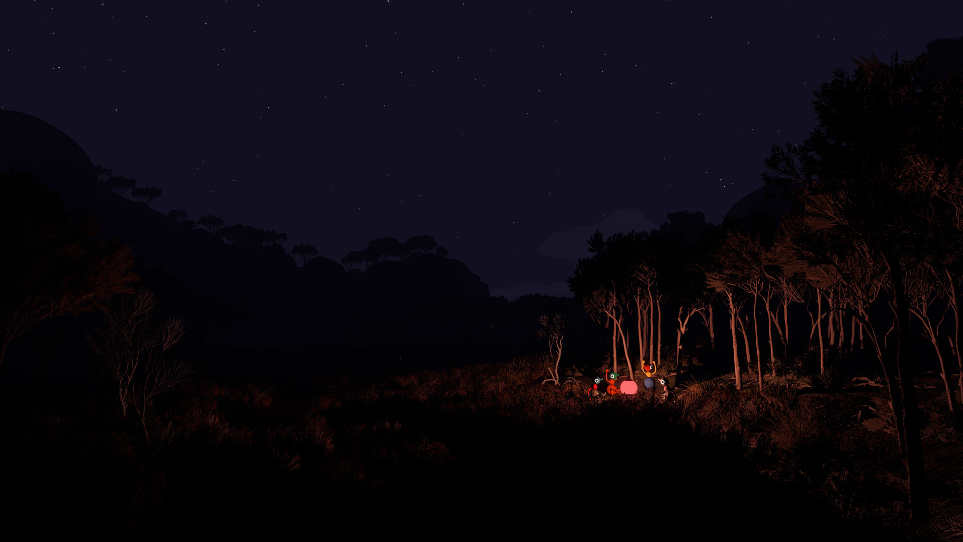 A starry night sky over dark hills and gum trees, with a small group of players lit by a glow in the bush
