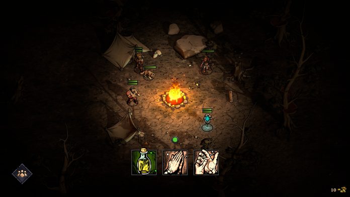 Blightstone: four adventurers and a dog stand around a campfire in a dark forest, with three item cards along the bottom