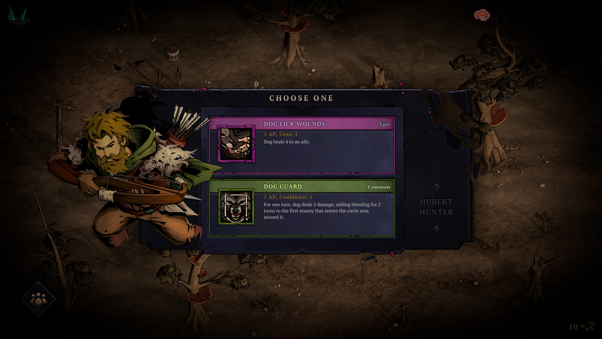Blightstone: a "Choose one" menu offers the skills Dog Lick Wounds and Dog Guard beside a bearded hunter with a crossbow