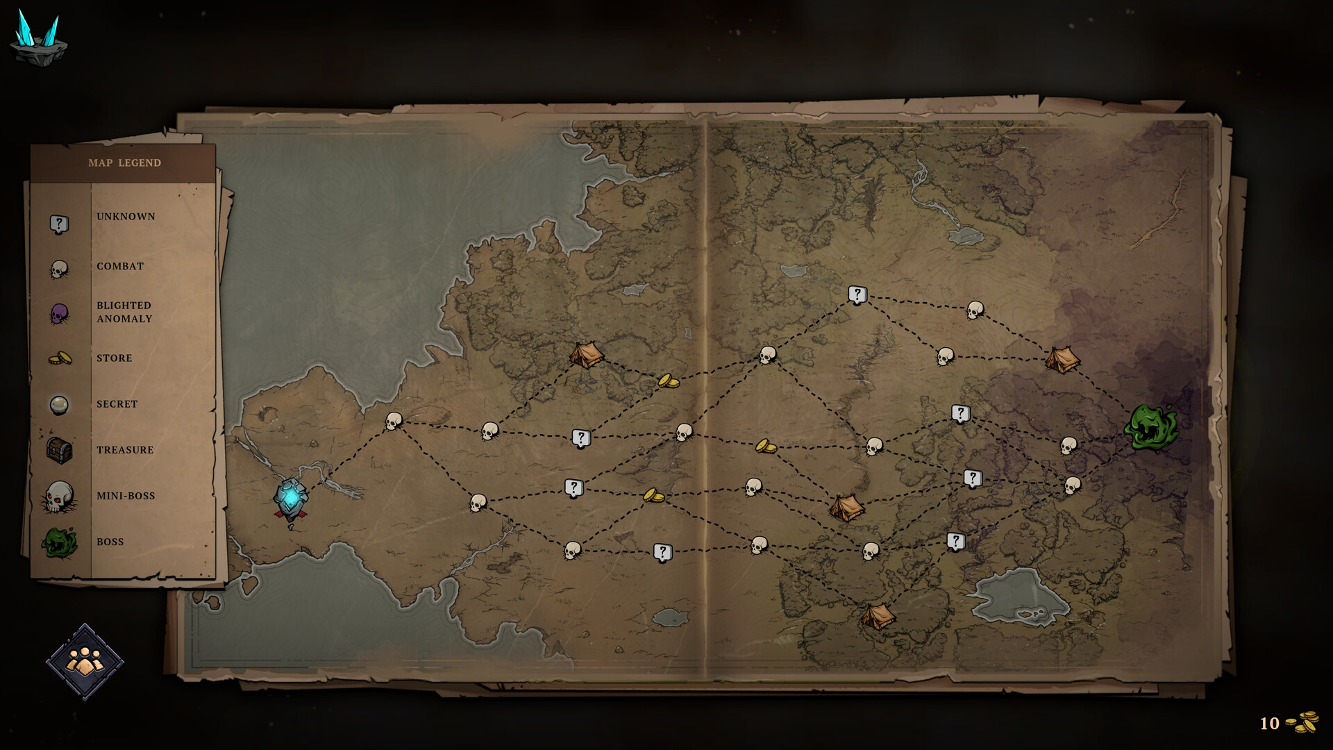Blightstone: a parchment campaign map with branching routes of combat, store and unknown nodes ending at a green boss, beside a map legend