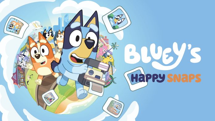 Bluey's Happy Snaps key art. Image Gameloft Bluey holds a camera beside Bingo, surrounded by floating photos, next to the Bluey's Happy Snaps logo
