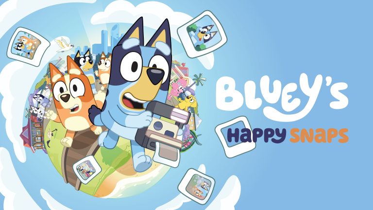Bluey holds a camera beside Bingo, surrounded by floating photos, next to the Bluey's Happy Snaps logo