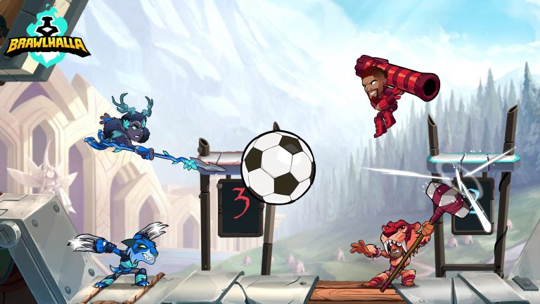 Four Brawlhalla fighters leaping around a large ball on a stage with snowy mountains and a pale palace behind.