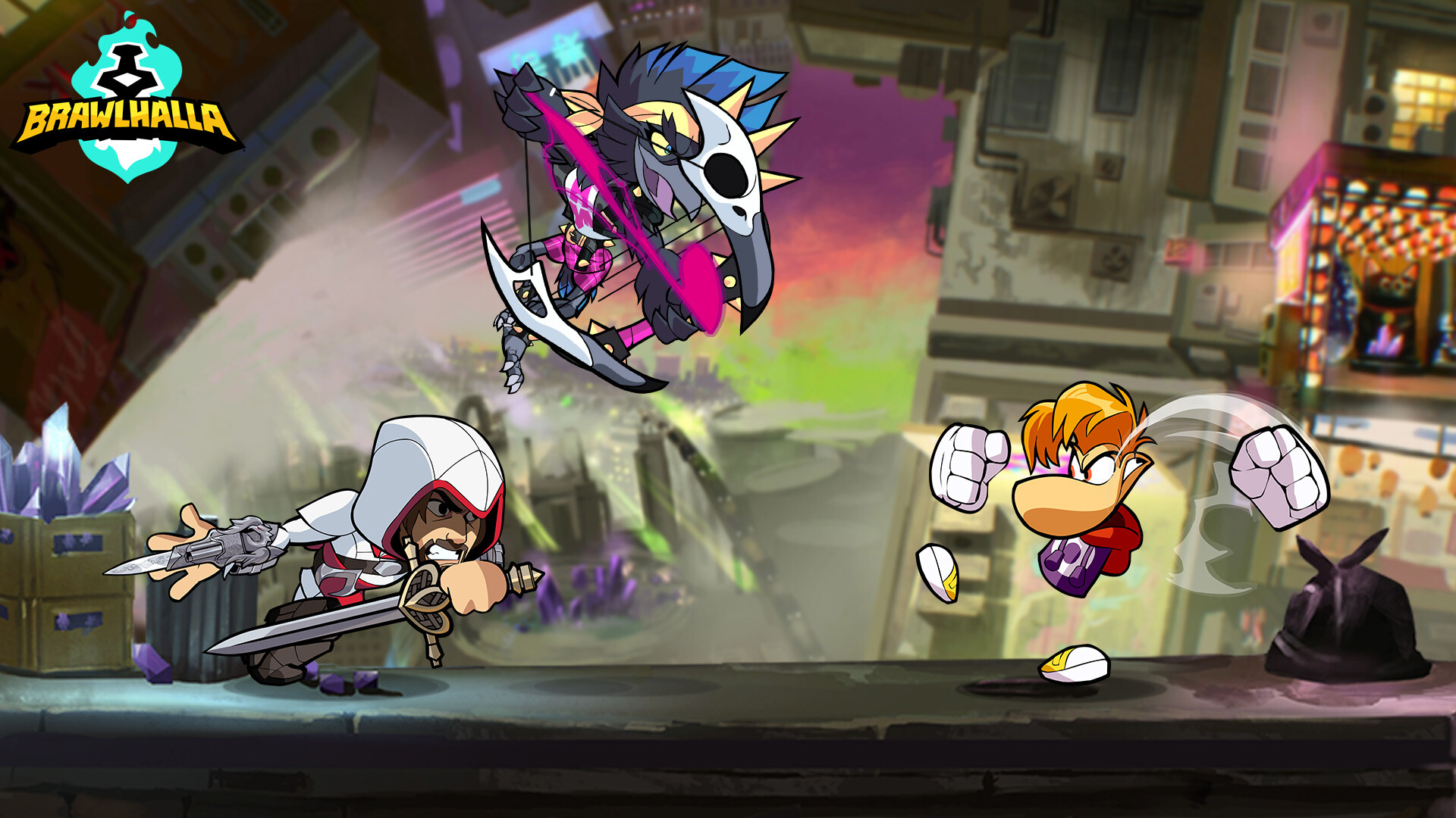 Two Brawlhalla fighters clashing mid-air on a city street stage, one in a white hood with a blade and one in a yellow outfit with swinging fists, with the Brawlhalla logo in the corner.