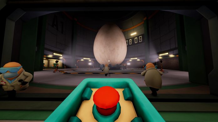 CRACK giant egg in the lab. Image: Rafoli CRACK: a giant egg stands in a laboratory hall while two workers in goggles look on, with a big red button in the foreground