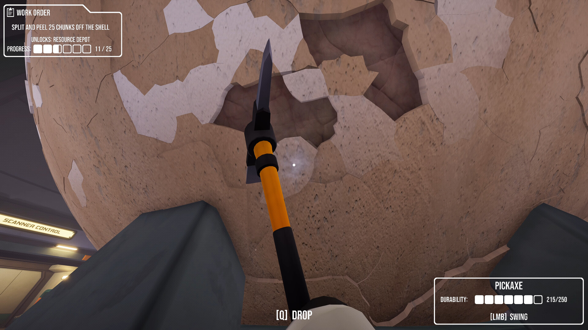 CRACK: a first-person view of a pickaxe chipping at the cracked shell of a giant egg, with a work order panel in the corner